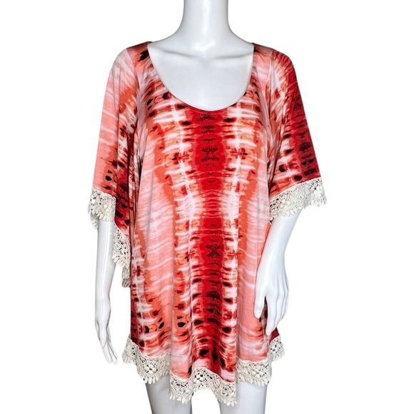 Veronica M Shirt Women Small Red Tie Dye‎ Tunic Top Lace Crochet Bohemian Hippie - Picture 1 of 7